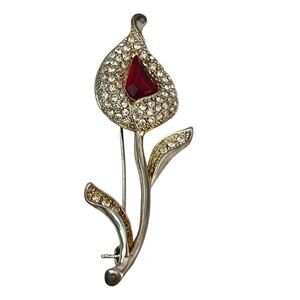 Vintage SP WLIND Pin Brooch Silver Plated Crystal Rhinestone Rose Bud Signed